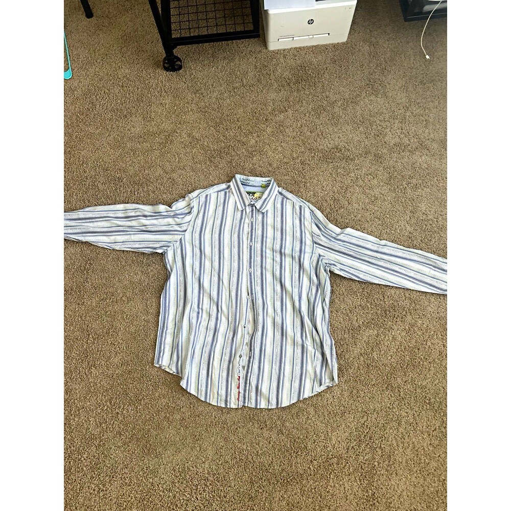 Robert Graham 2XL Blue/White Striped Cotton Dress Shirt Classic Fit LS
